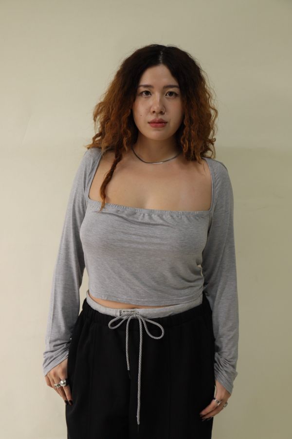 直角肩平口短版上衣(灰) 