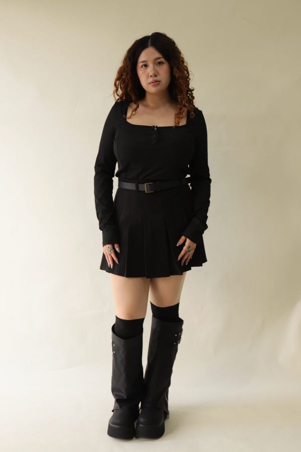 不顯胖毛呢百摺短裙(附皮帶)-黑 