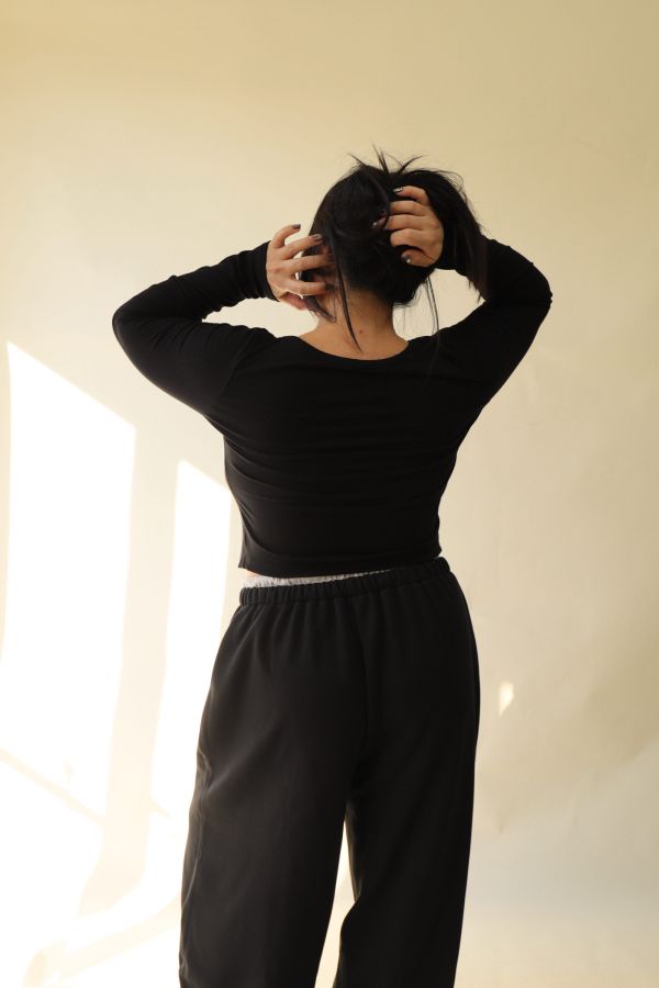 V領羅紋開釦上衣(黑) 