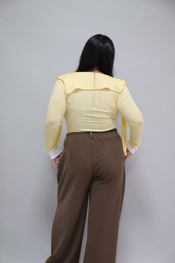 拼接撞色假兩件上衣-奶油黃 