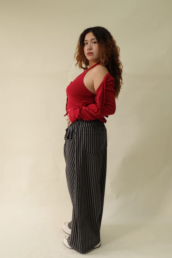 【EASE】藏肉系不鬆垮條紋寬褲(黑) 