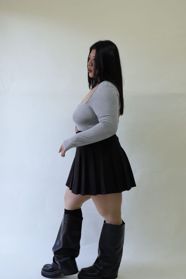 不顯胖毛呢百摺短裙(附皮帶)-黑 