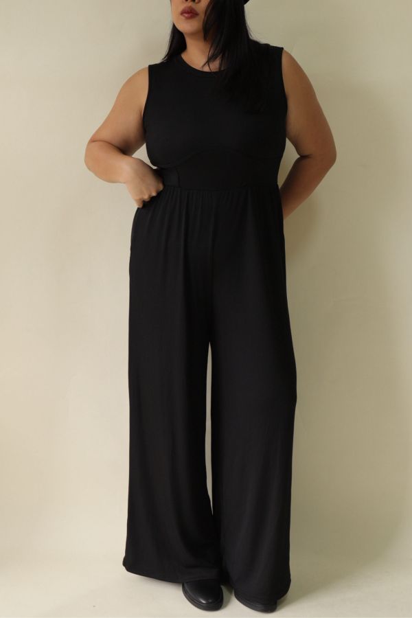 簡約無袖收腰連身褲 