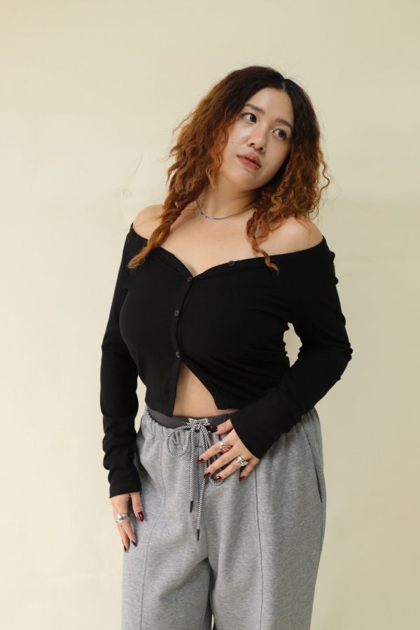 V領羅紋開釦上衣(黑) 