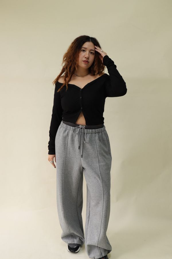 【EASE】設計感雙層抽繩棉褲 (灰) 