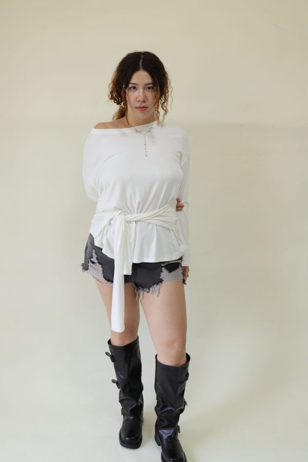 舒服穿假兩件綁帶上衣(白) 