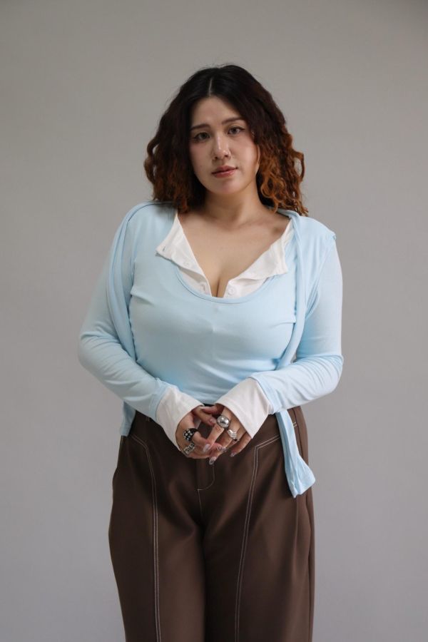 拼接撞色假兩件上衣-寶寶藍 