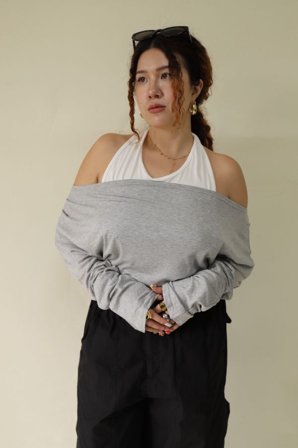 假兩件掛脖舒適上衣(灰) 