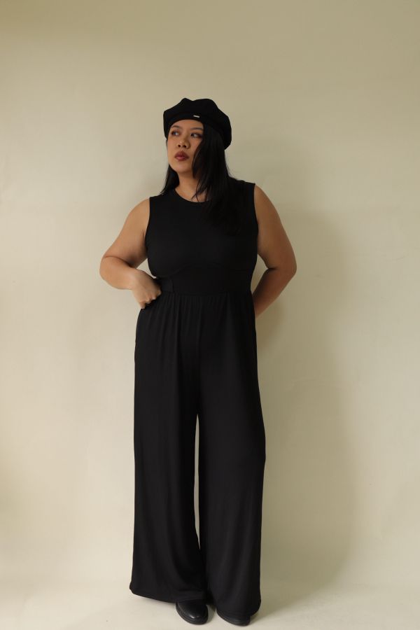 簡約無袖收腰連身褲 