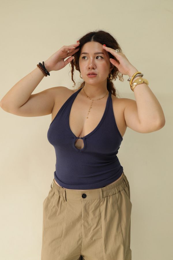 大鏤空掛脖彈力背心(藍) 