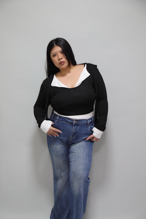 拼接撞色假兩件上衣-黑 