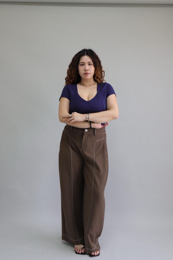 【EASE】肉肚友善長腿明線寬褲-咖 