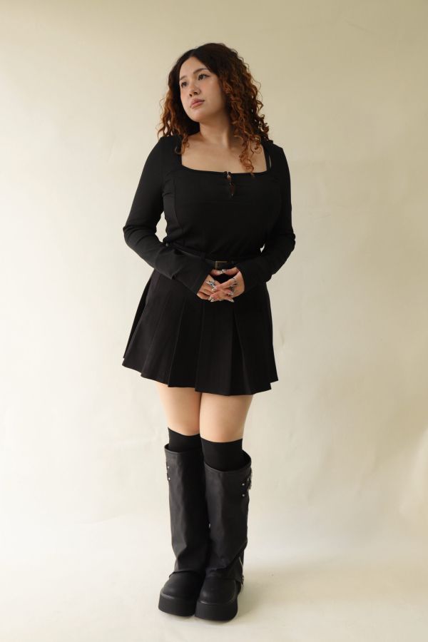 不顯胖毛呢百摺短裙(附皮帶)-黑 