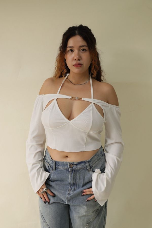 一字領假兩件辣妹上衣 