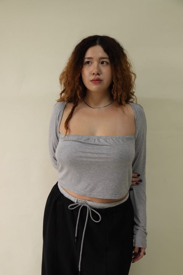 直角肩平口短版上衣(灰) 