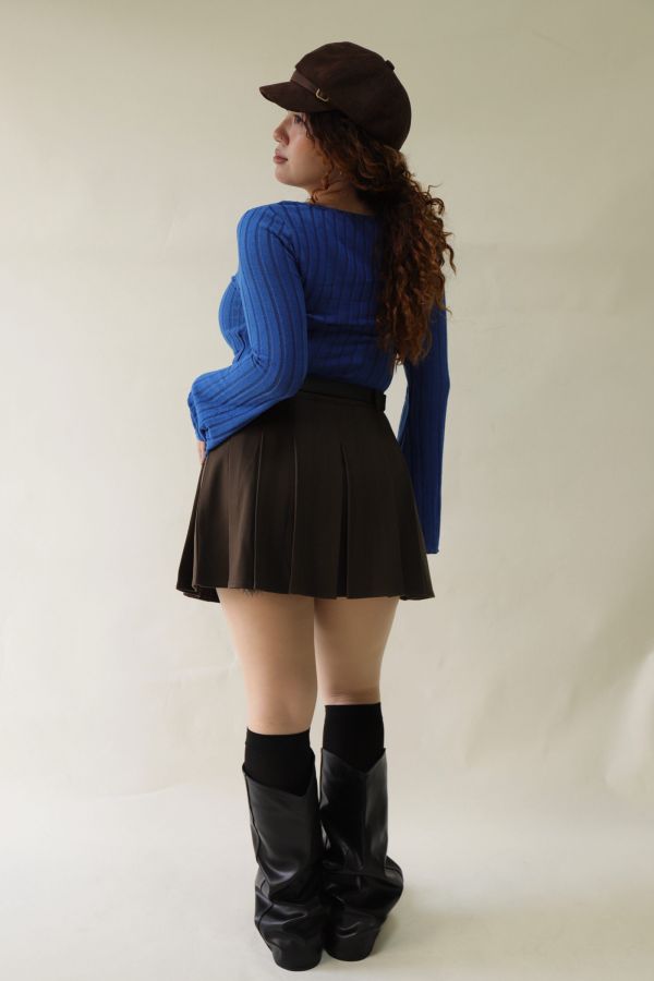 不顯胖毛呢百摺短裙(附皮帶)-咖 