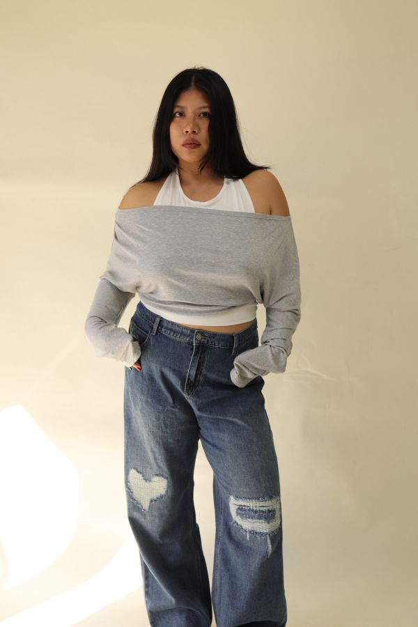 假兩件掛脖舒適上衣(灰) 