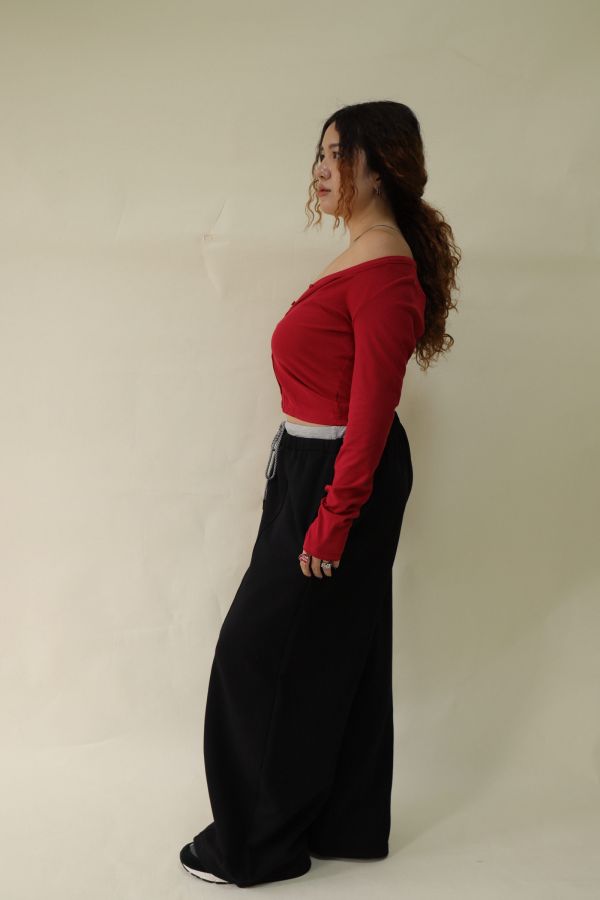 【EASE】設計感雙層抽繩棉褲 (黑) 