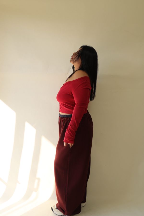 【EASE】設計感雙層抽繩棉褲 (酒紅) 