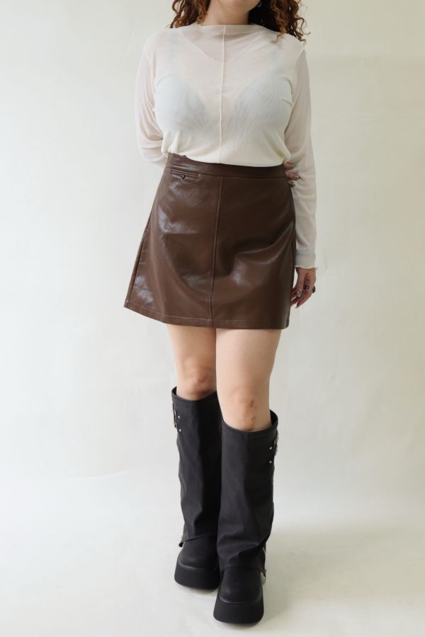 【EASE】時髦摺線高腰皮裙-咖 