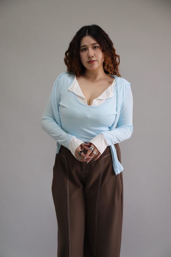 拼接撞色假兩件上衣-寶寶藍 