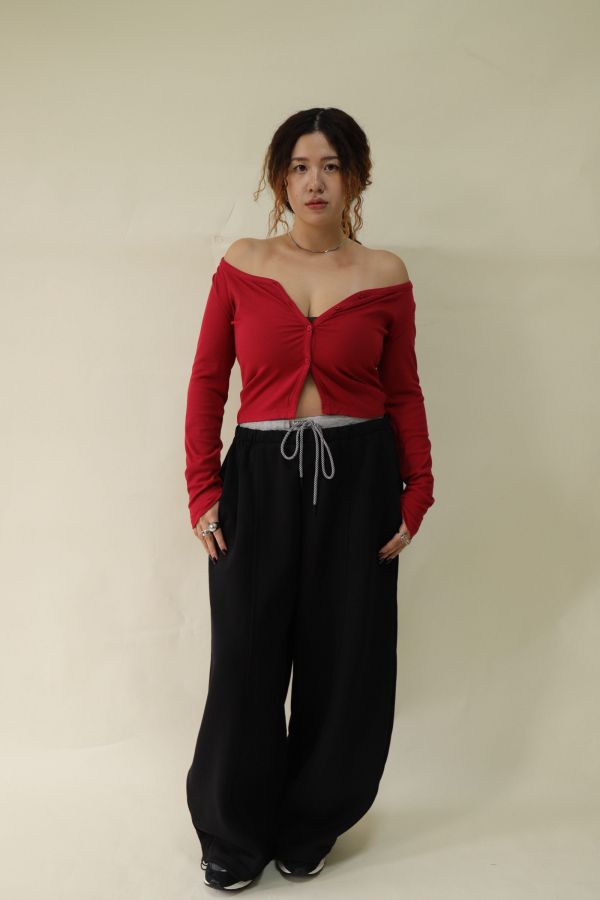 【EASE】設計感雙層抽繩棉褲 (黑) 