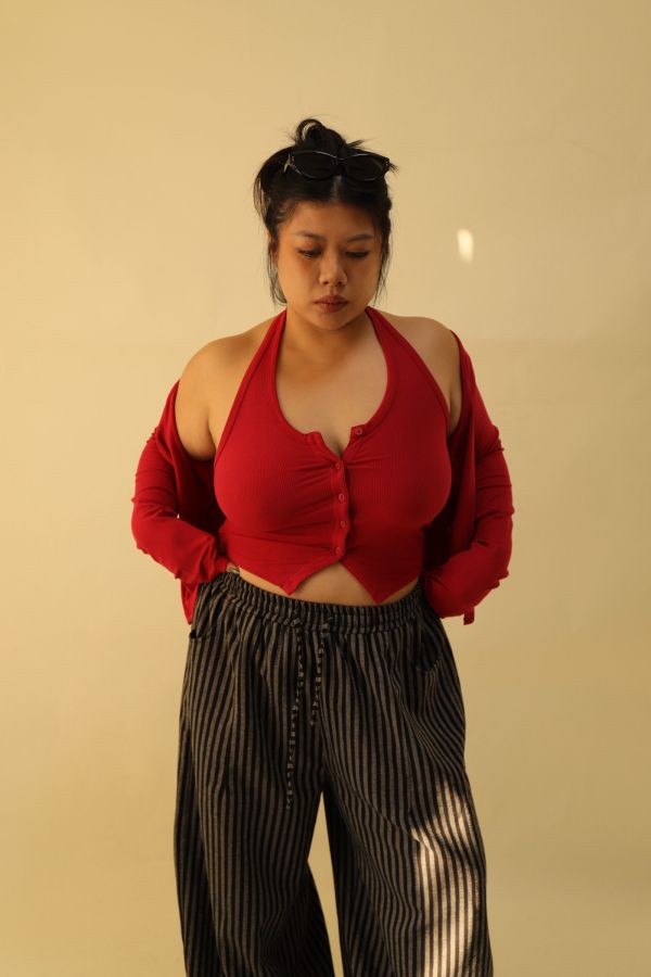 掛脖收腰排釦背心(紅) 