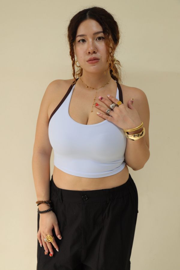 雙色拼接削肩運動內衣-藍 