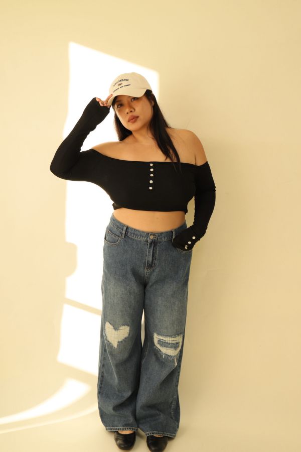 【EASE】愛心刷破牛仔寬褲 