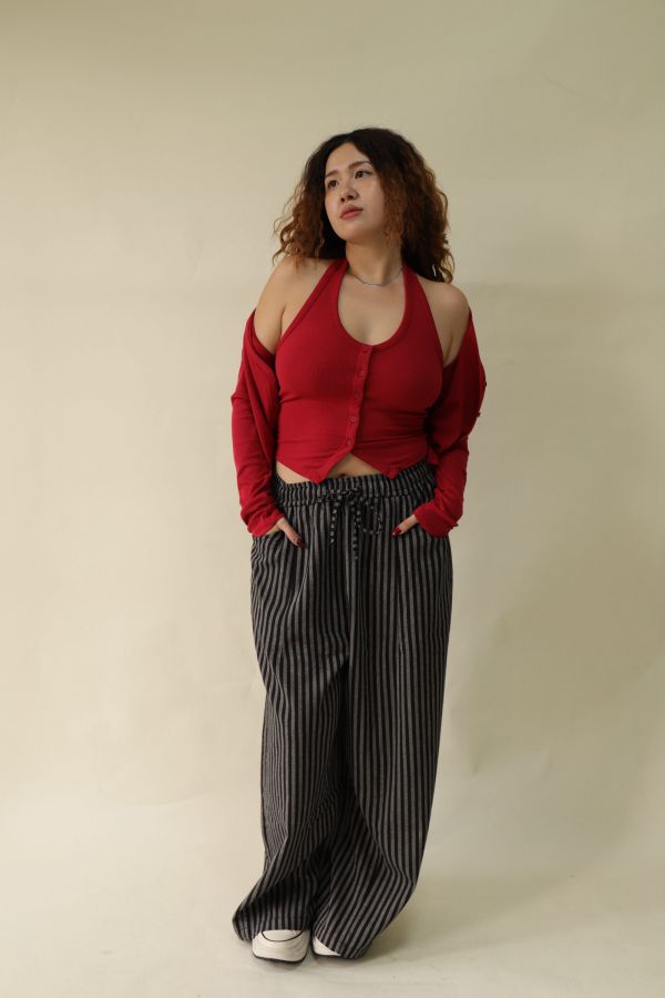 【EASE】藏肉系不鬆垮條紋寬褲(黑) 