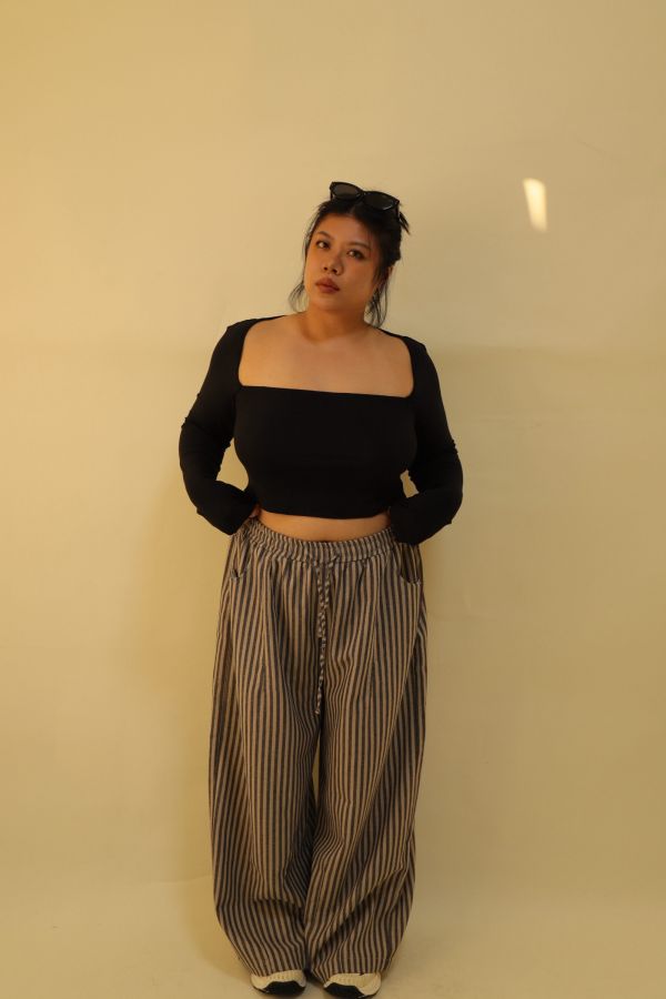 【EASE】藏肉系不鬆垮條紋寬褲(栗子咖) 