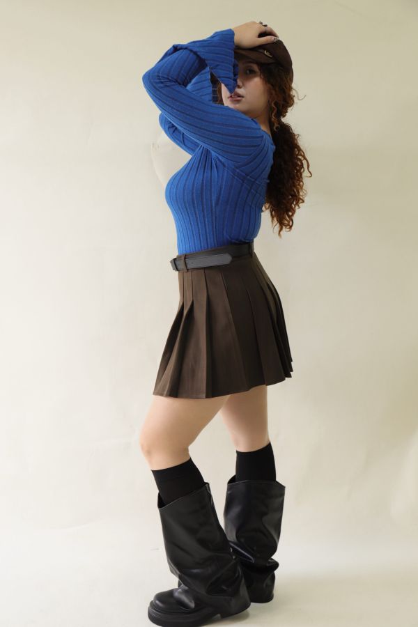 不顯胖毛呢百摺短裙(附皮帶)-咖 