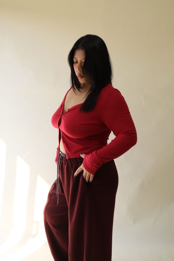 V領羅紋開釦上衣(紅) 