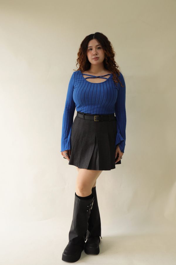 不顯胖毛呢百摺短裙(附皮帶)-灰 