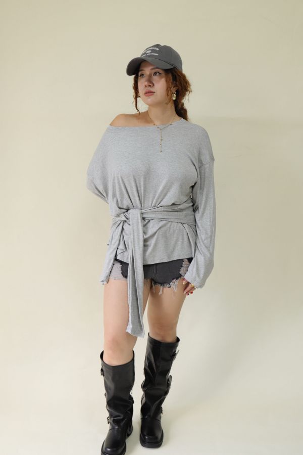 舒服穿假兩件綁帶上衣(灰) 