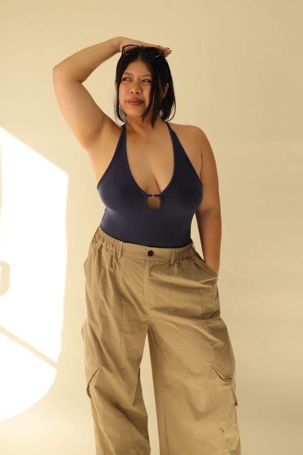 大鏤空掛脖彈力背心(藍) 