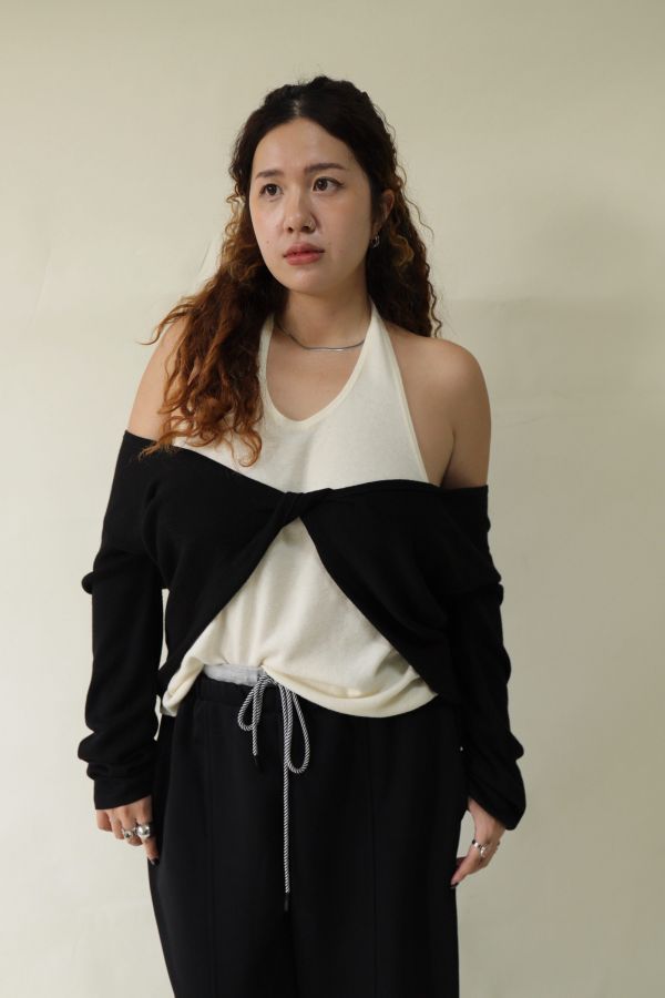 【EASE】掛脖假兩件針織上衣 (黑) 