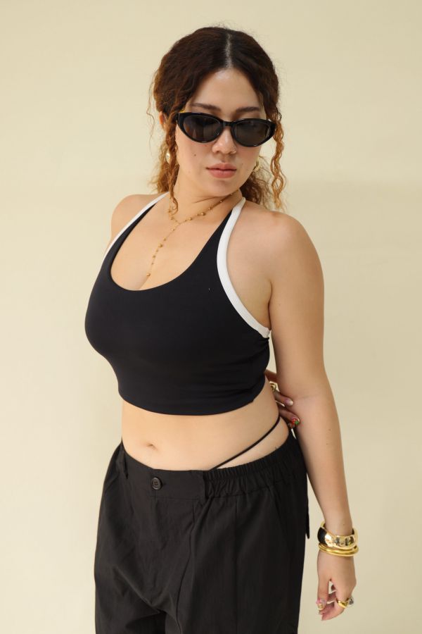 雙色拼接削肩運動內衣-黑 