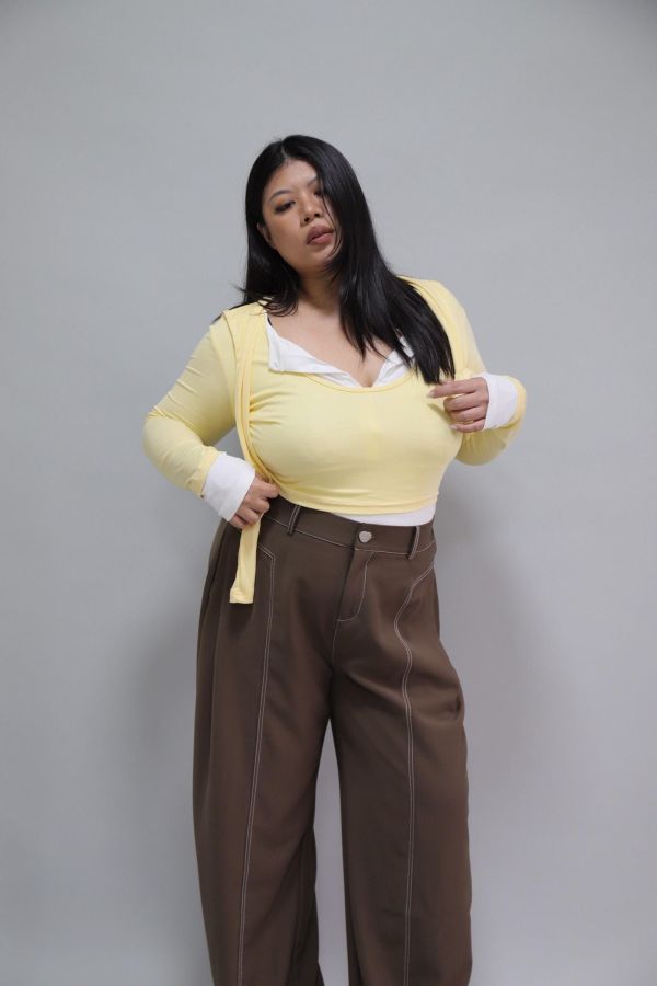 拼接撞色假兩件上衣-奶油黃 