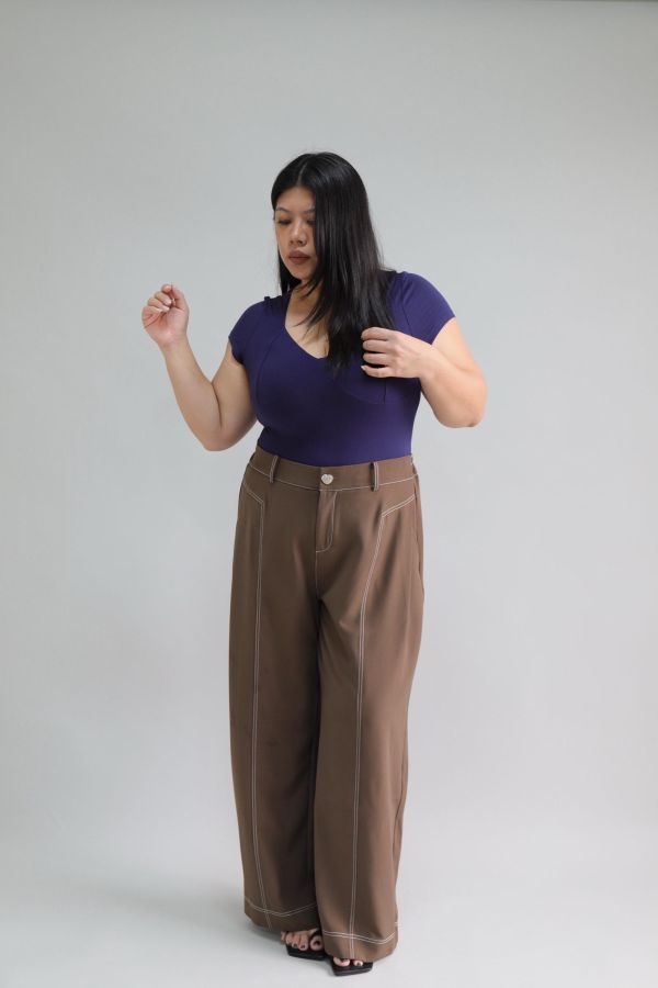 【EASE】肉肚友善長腿明線寬褲-咖 