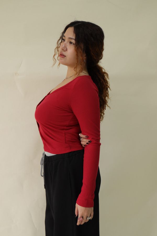 V領羅紋開釦上衣(紅) 