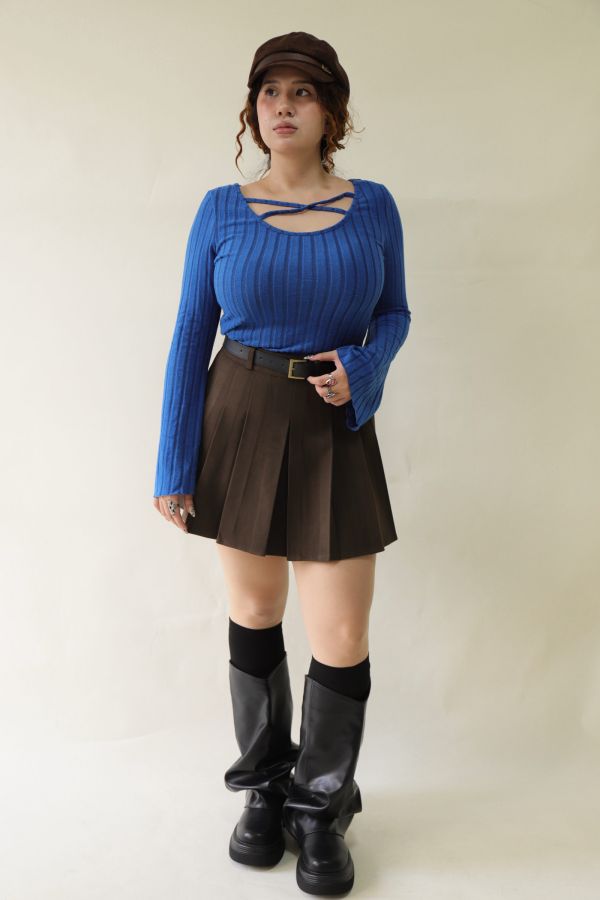 不顯胖毛呢百摺短裙(附皮帶)-咖 