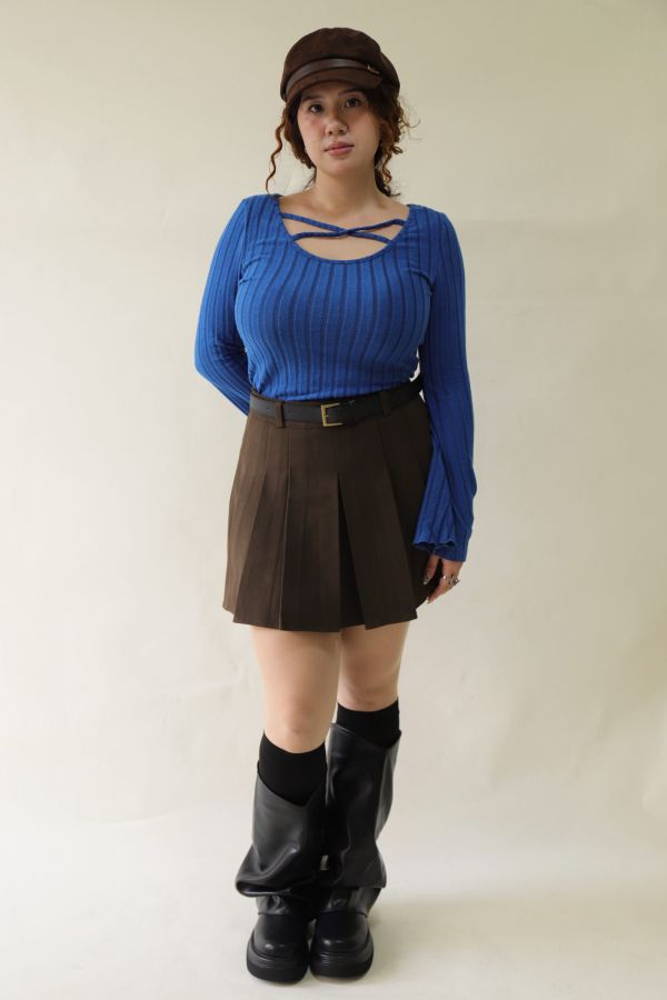 不顯胖毛呢百摺短裙(附皮帶)-咖 