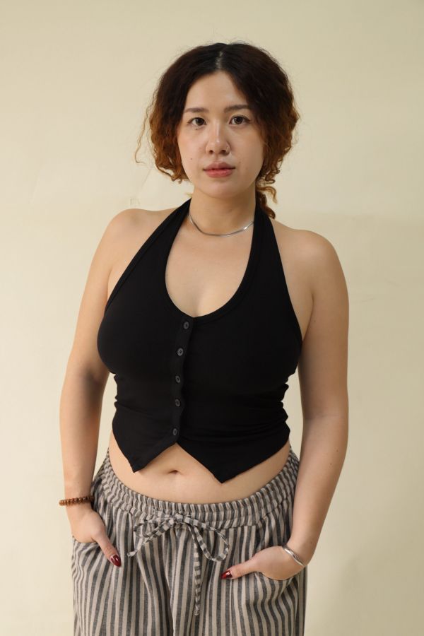 掛脖收腰排釦背心(黑) 