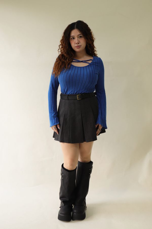 不顯胖毛呢百摺短裙(附皮帶)-灰 