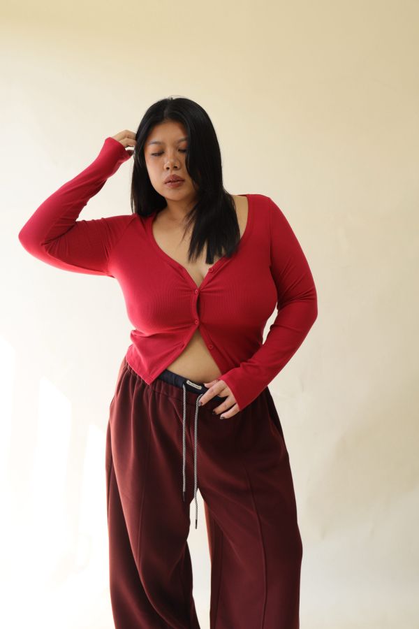 V領羅紋開釦上衣(紅) 