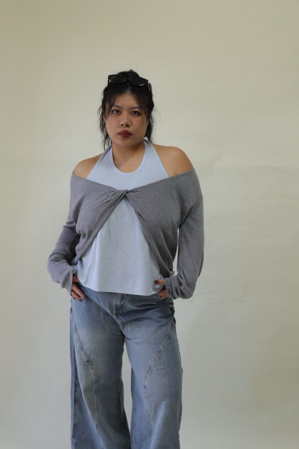 【EASE】掛脖假兩件針織上衣 (灰) 