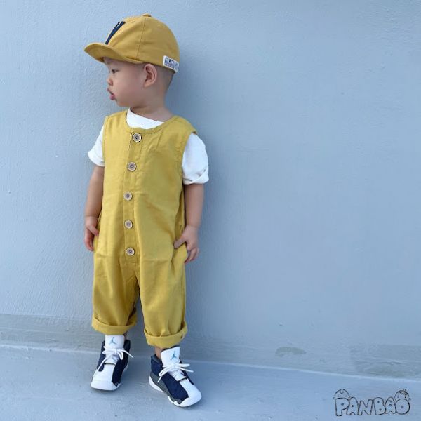 亞麻透氣單排扣連身褲 