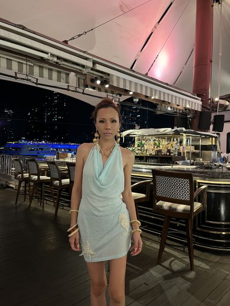 海洋 馬卡龍拼色蕾絲長洋裝