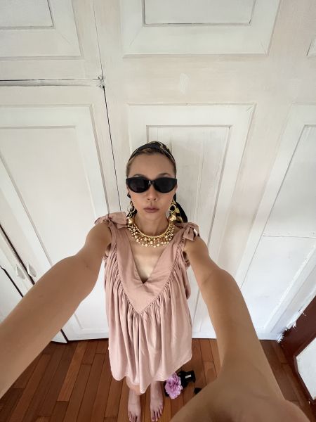 cinnamon pink DEEP V DRESS 肉桂粉深Ｖ蝴蝶結洋裝